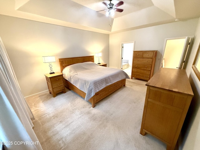 14740 Maxwell Pl, Anchorage, AK 99516 - bedroom featuring a raised ceiling, light colored carpet, baseboards, and ceiling fan