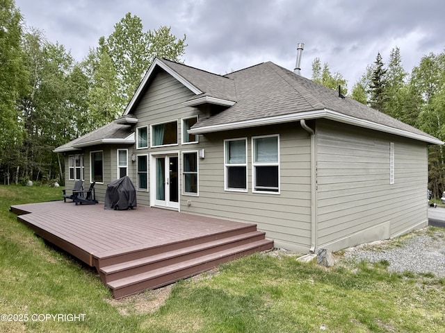 14740 Maxwell Pl, Anchorage, AK 99516 - back of house featuring a yard, french doors, roof with shingles, and a wooden deck