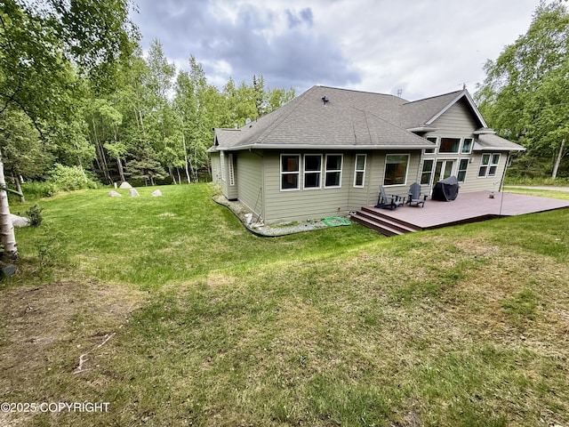 14740 Maxwell Pl, Anchorage, AK 99516 - rear view of property with a yard, a wooden deck, and a shingled roof