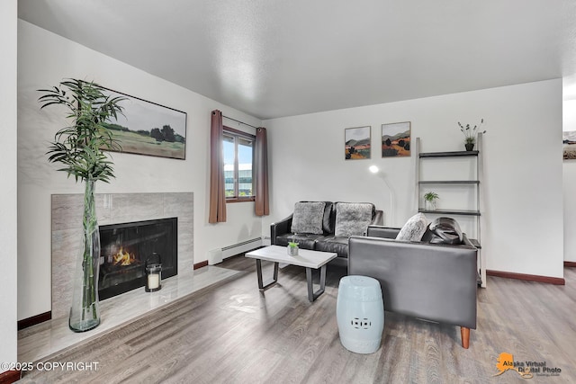 4221 Folker St # F203, Anchorage, AK 99508 - living room with a baseboard heating unit, wood finished floors, and a fireplace
