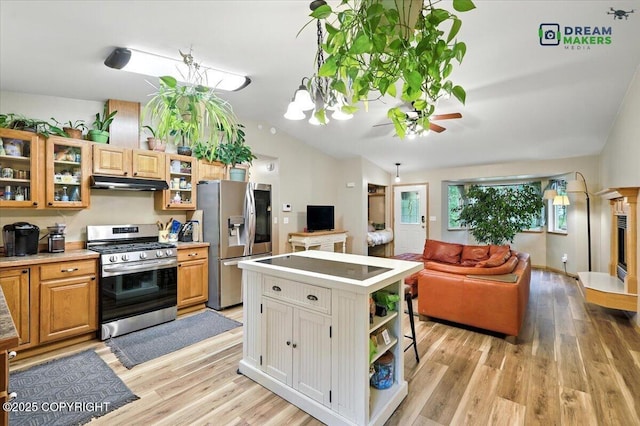 8520 E Gold Bullion Blvd, Palmer, AK 99645 - kitchen with stainless steel appliances, under cabinet range hood, vaulted ceiling, light wood-style flooring, and open floor plan