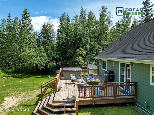 3111 N Intuition Dr, Wasilla, AK 99654 - deck featuring a hot tub, a lawn, and grilling area