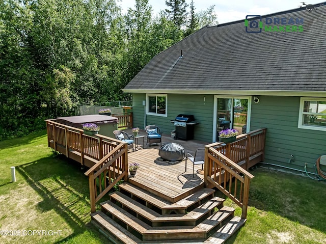 3111 N Intuition Dr, Wasilla, AK 99654 - deck with grilling area, an outdoor fire pit, and a yard