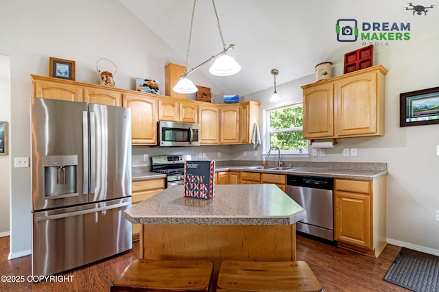 3111 N Intuition Dr, Wasilla, AK 99654 - kitchen featuring appliances with stainless steel finishes, dark wood finished floors, light brown cabinetry, a center island, and high vaulted ceiling
