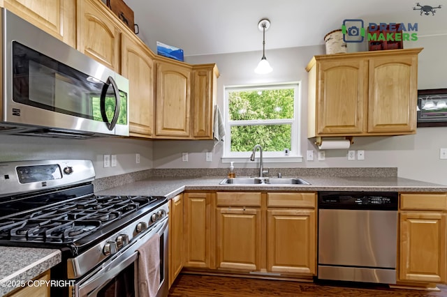 3111 N Intuition Dr, Wasilla, AK 99654 - kitchen featuring stainless steel appliances, light brown cabinets, dark wood-style floors, and pendant lighting