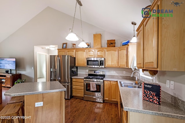 3111 N Intuition Dr, Wasilla, AK 99654 - kitchen featuring stainless steel appliances, high vaulted ceiling, light brown cabinets, a kitchen island, and dark wood-style flooring