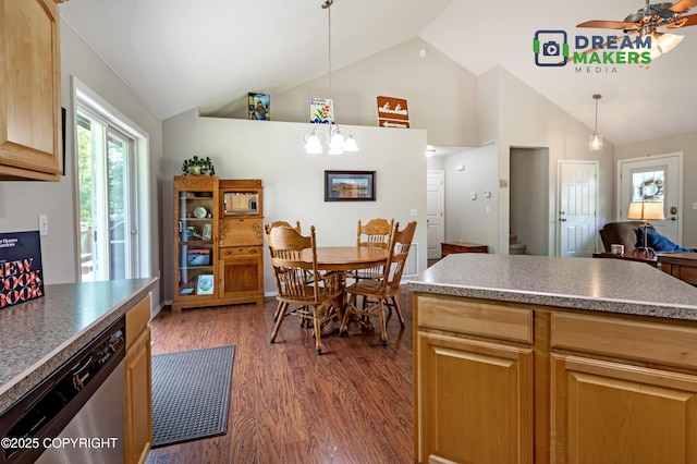 3111 N Intuition Dr, Wasilla, AK 99654 - kitchen featuring stainless steel dishwasher, dark wood-style flooring, a ceiling fan, a chandelier, and pendant lighting