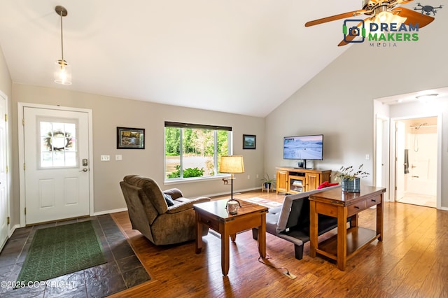 3111 N Intuition Dr, Wasilla, AK 99654 - living room with ceiling fan, high vaulted ceiling, and wood-type flooring