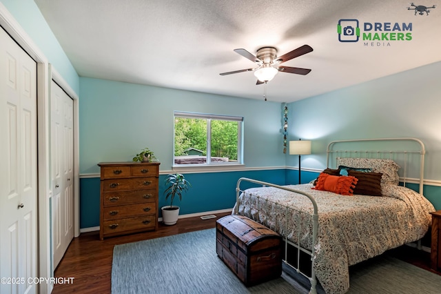 3111 N Intuition Dr, Wasilla, AK 99654 - bedroom featuring wood finished floors, ceiling fan, and multiple closets