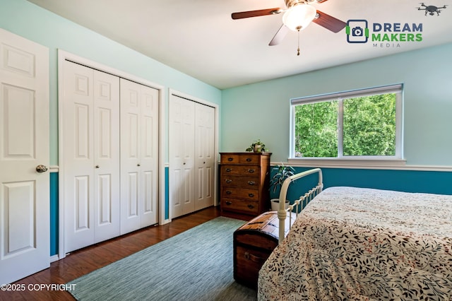 3111 N Intuition Dr, Wasilla, AK 99654 - bedroom featuring multiple closets, wood finished floors, and ceiling fan