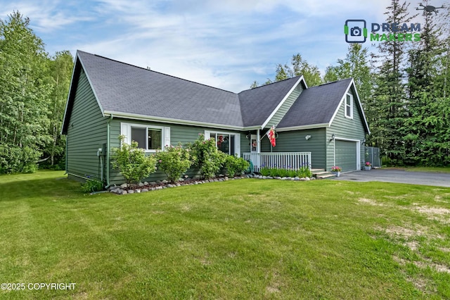3111 N Intuition Dr, Wasilla, AK 99654 - view of front of property featuring driveway, a shingled roof, a front yard, and an attached garage