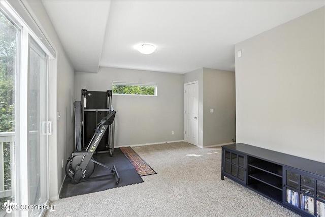 9198 Eagle River Ln, Eagle River, AK 99577 - workout room featuring carpet floors and baseboards