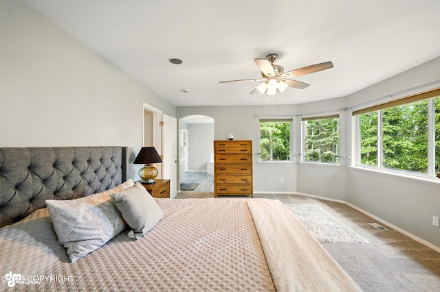 17001 Yellowstone Dr, Eagle River, AK 99577 - bedroom with arched walkways, carpet flooring, and ceiling fan
