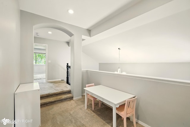 17001 Yellowstone Dr, Eagle River, AK 99577 - hall with light colored carpet, arched walkways, recessed lighting, lofted ceiling, and an upstairs landing