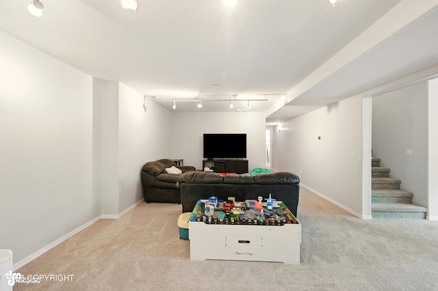 17001 Yellowstone Dr, Eagle River, AK 99577 - carpeted living area with stairway and track lighting