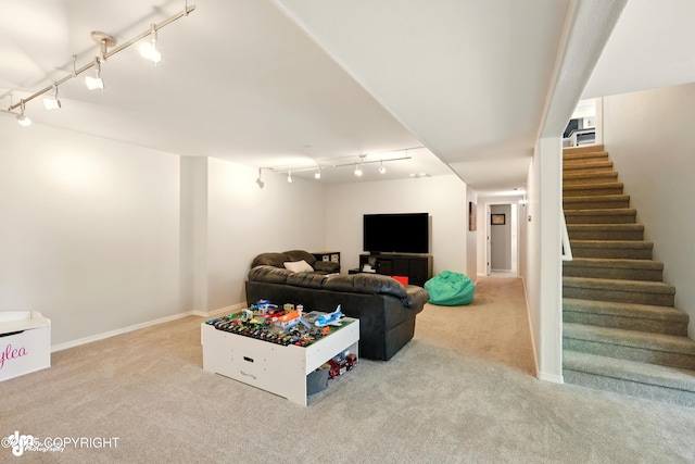17001 Yellowstone Dr, Eagle River, AK 99577 - carpeted living room featuring rail lighting and stairs