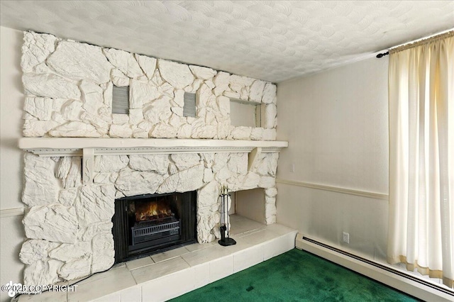 19807 First St, Eagle River, AK 99577 - detailed view of a baseboard heating unit, a textured ceiling, a stone fireplace, and carpet