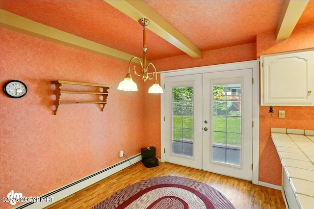 19807 First St, Eagle River, AK 99577 - unfurnished dining area with a baseboard heating unit, light wood-style flooring, beam ceiling, french doors, and a chandelier