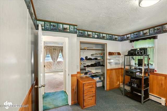 19807 First St, Eagle River, AK 99577 - office area with dark colored carpet, a baseboard radiator, a baseboard heating unit, and a textured ceiling