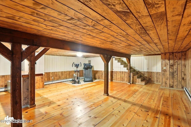 19807 First St, Eagle River, AK 99577 - finished below grade area featuring wood walls, wooden ceiling, hardwood / wood-style floors, stairway, and baseboard heating