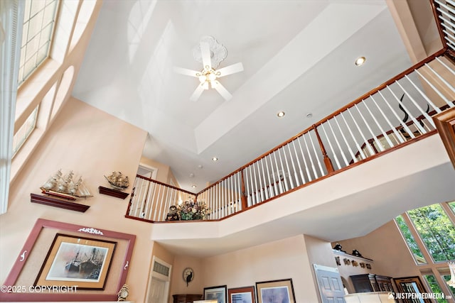 2215 S Austin Cir, Palmer, AK 99645 - living room featuring a towering ceiling, recessed lighting, and ceiling fan