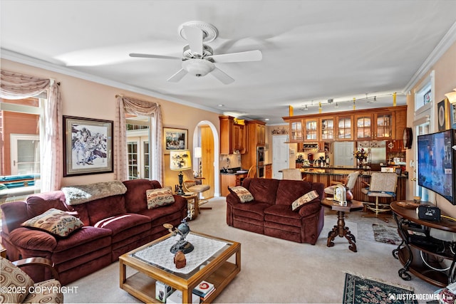 2215 S Austin Cir, Palmer, AK 99645 - living area with carpet flooring, ornamental molding, arched walkways, and a ceiling fan