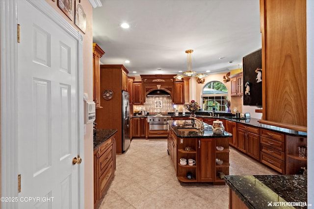 2215 S Austin Cir, Palmer, AK 99645 - kitchen featuring open shelves, stainless steel refrigerator with ice dispenser, tasteful backsplash, dark stone countertops, and a kitchen island