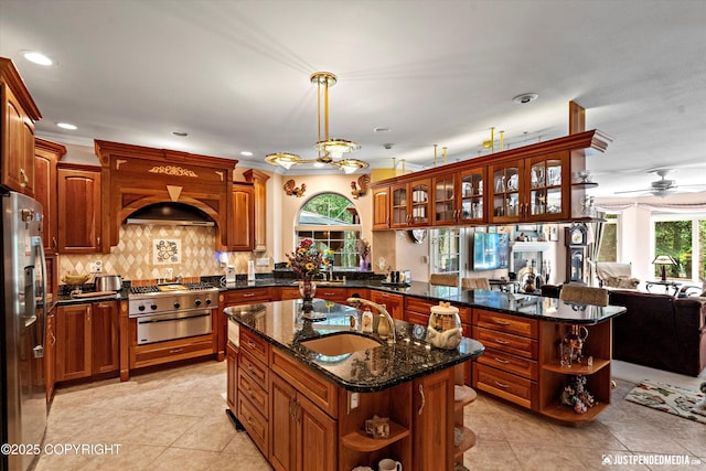 2215 S Austin Cir, Palmer, AK 99645 - kitchen with open shelves, stainless steel fridge with ice dispenser, light tile patterned floors, a peninsula, and recessed lighting