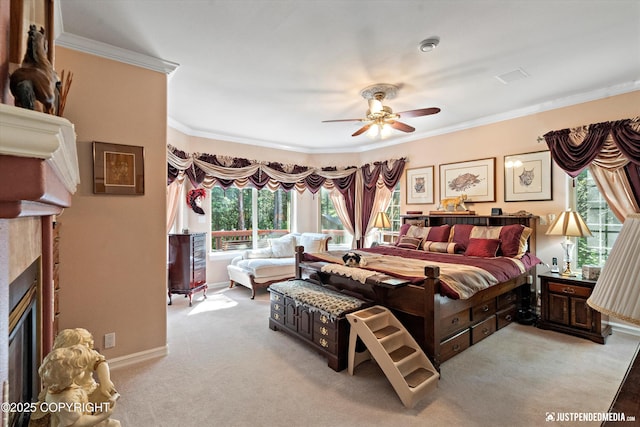 2215 S Austin Cir, Palmer, AK 99645 - bedroom with ornamental molding, a fireplace, carpet, and a ceiling fan
