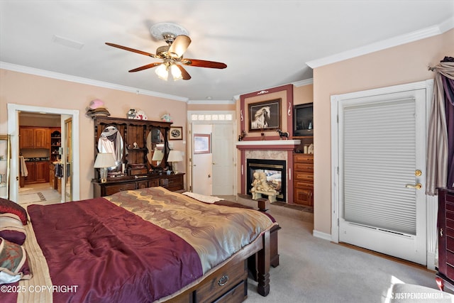 2215 S Austin Cir, Palmer, AK 99645 - bedroom featuring crown molding, a premium fireplace, light carpet, and a ceiling fan