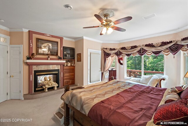 2215 S Austin Cir, Palmer, AK 99645 - bedroom featuring crown molding, a fireplace, carpet, access to outside, and ceiling fan