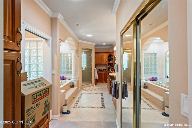 2215 S Austin Cir, Palmer, AK 99645 - bathroom featuring ornamental molding, a garden tub, a shower stall, tile patterned flooring, and recessed lighting