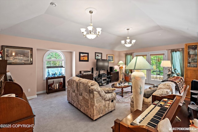 2215 S Austin Cir, Palmer, AK 99645 - living room featuring a chandelier, light colored carpet, and vaulted ceiling