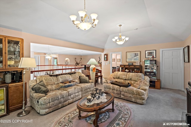2215 S Austin Cir, Palmer, AK 99645 - living area featuring a chandelier, carpet flooring, lofted ceiling, and ceiling fan