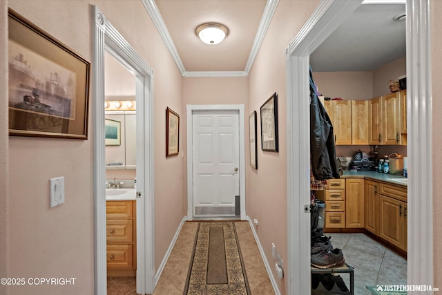 2215 S Austin Cir, Palmer, AK 99645 - hallway featuring light tile patterned flooring and crown molding