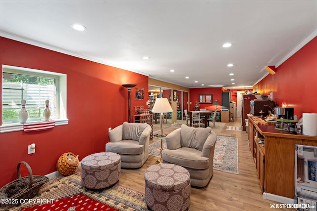 2215 S Austin Cir, Palmer, AK 99645 - living room with ornamental molding, light wood finished floors, and recessed lighting