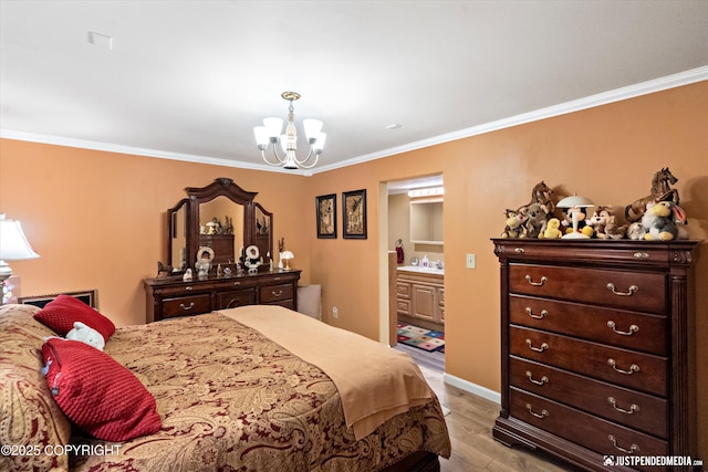 2215 S Austin Cir, Palmer, AK 99645 - bedroom featuring a chandelier, ornamental molding, wood finished floors, and ensuite bathroom