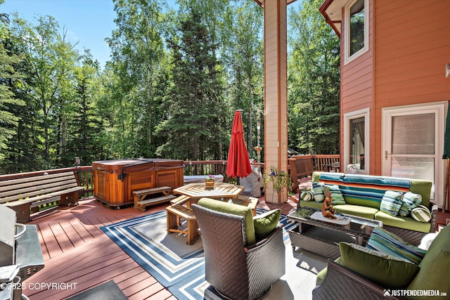 2215 S Austin Cir, Palmer, AK 99645 - wooden terrace with a hot tub, an outdoor living space, and outdoor dining area