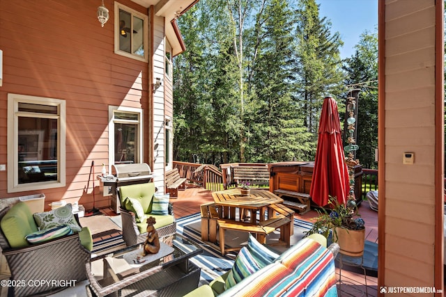 2215 S Austin Cir, Palmer, AK 99645 - deck with a hot tub, an outdoor living space, and area for grilling