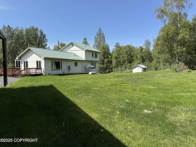 9810 N Runyon Cir, Palmer, AK 99645 - view of grassy yard with a storage shed and a deck