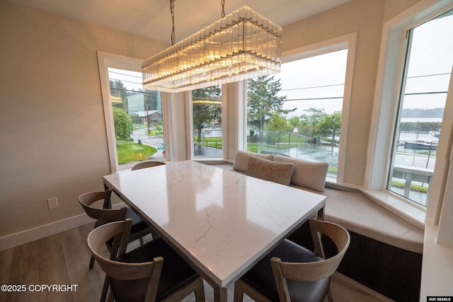 101 Jeff Davis St, Sitka, AK 99835 - dining room featuring wood finished floors, baseboards, a chandelier, and a water view