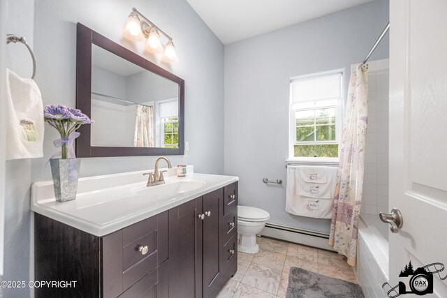 3474 E Wanamingo Dr, Wasilla, AK 99654 - bathroom featuring a baseboard heating unit, plenty of natural light, vanity, and shower / tub combo with curtain