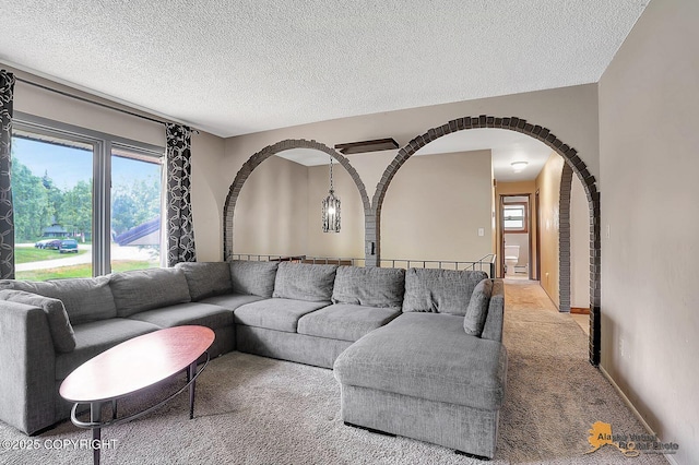 910 S Iris Cir, Palmer, AK 99645 - living area featuring carpet flooring, plenty of natural light, a textured ceiling, arched walkways, and baseboards
