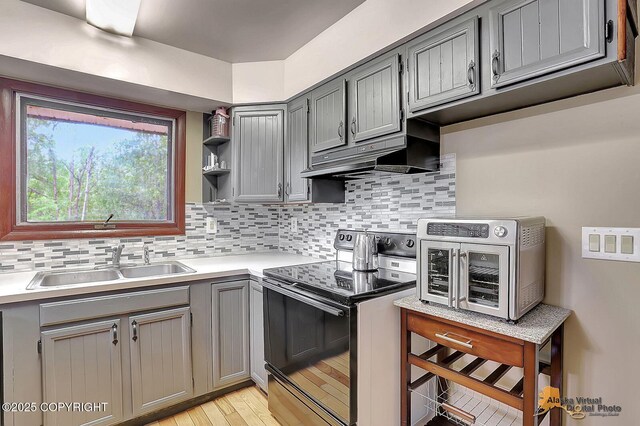 910 S Iris Cir, Palmer, AK 99645 - kitchen with stainless steel range with electric stovetop, a sink, gray cabinets, and light countertops