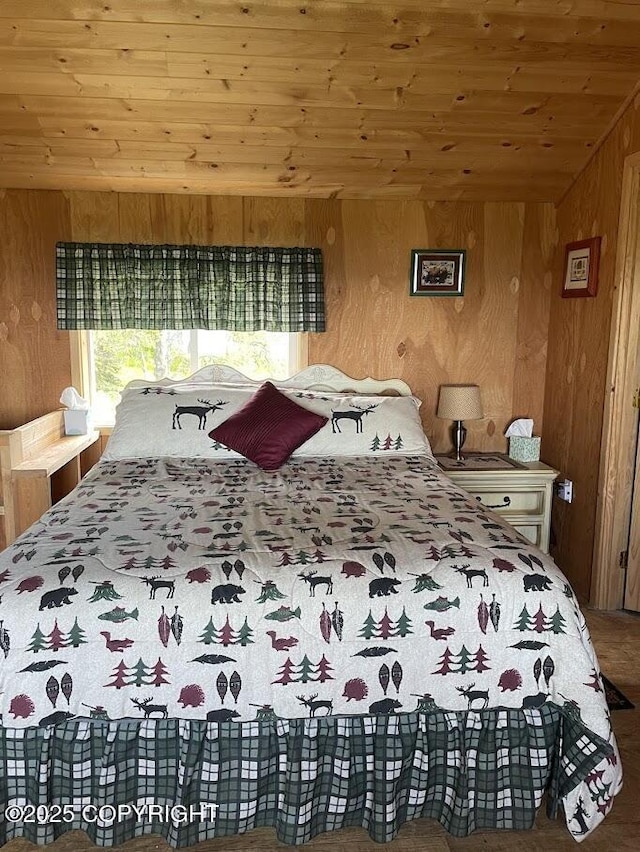 12829 Frontage Rd, Ninilchik, AK 99639 - bedroom featuring wooden ceiling, wooden walls, and carpet flooring