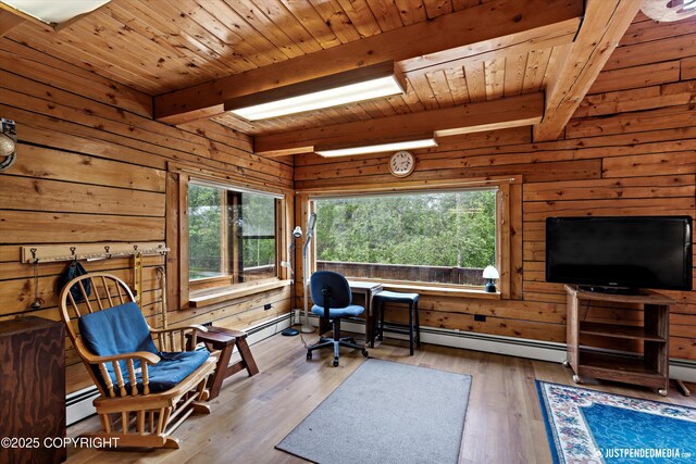 7550 E Fireweed Rd, Palmer, AK 99645 - office area with healthy amount of natural light, wood finished floors, wooden walls, wood ceiling with exposed beams, and baseboard heating