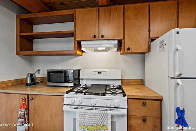7550 E Fireweed Rd, Palmer, AK 99645 - kitchen featuring white appliances, under cabinet range hood, and open shelves