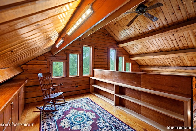 7550 E Fireweed Rd, Palmer, AK 99645 - living area with wood ceiling, light wood-style flooring, ceiling fan, and wood walls