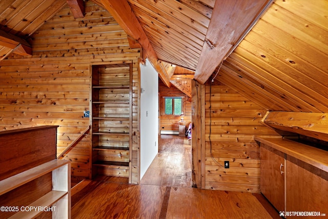 7550 E Fireweed Rd, Palmer, AK 99645 - hallway with hardwood / wood-style flooring, wooden walls, wooden ceiling, and baseboard heating