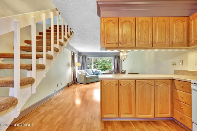 836 O Pl, Anchorage, AK 99501 - kitchen with light wood-style flooring, a peninsula, light countertops, a baseboard radiator, and a textured ceiling